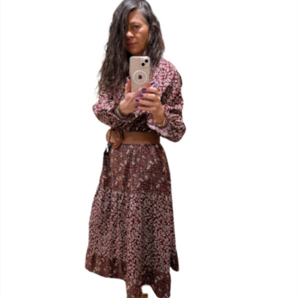 GiGiO Tiered prairie dress with tassel tie neck and floral pattern wine NWT - Picture 3 of 6